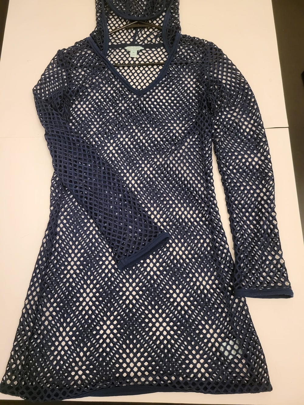 Balance Collection Cover Up, Size M, Blue Sheer Mesh V-Neck Long Sleeve